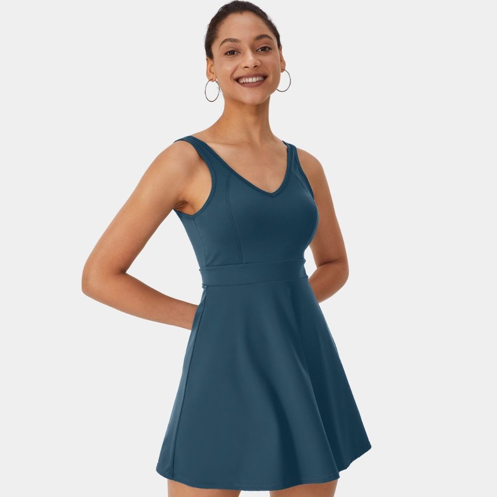 Halara V-Neck Backless 2-Piece Flare Tennis Dress in Majolica Blue Size S